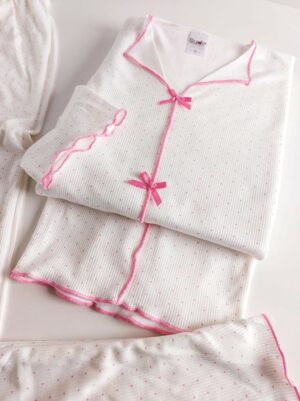 Pyjama femme blanc à pois roses avec col V – fabrication turque