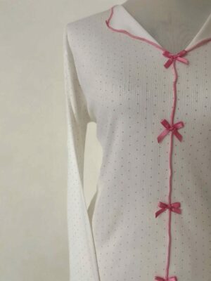 Pyjama femme blanc à pois roses avec col V – fabrication turque